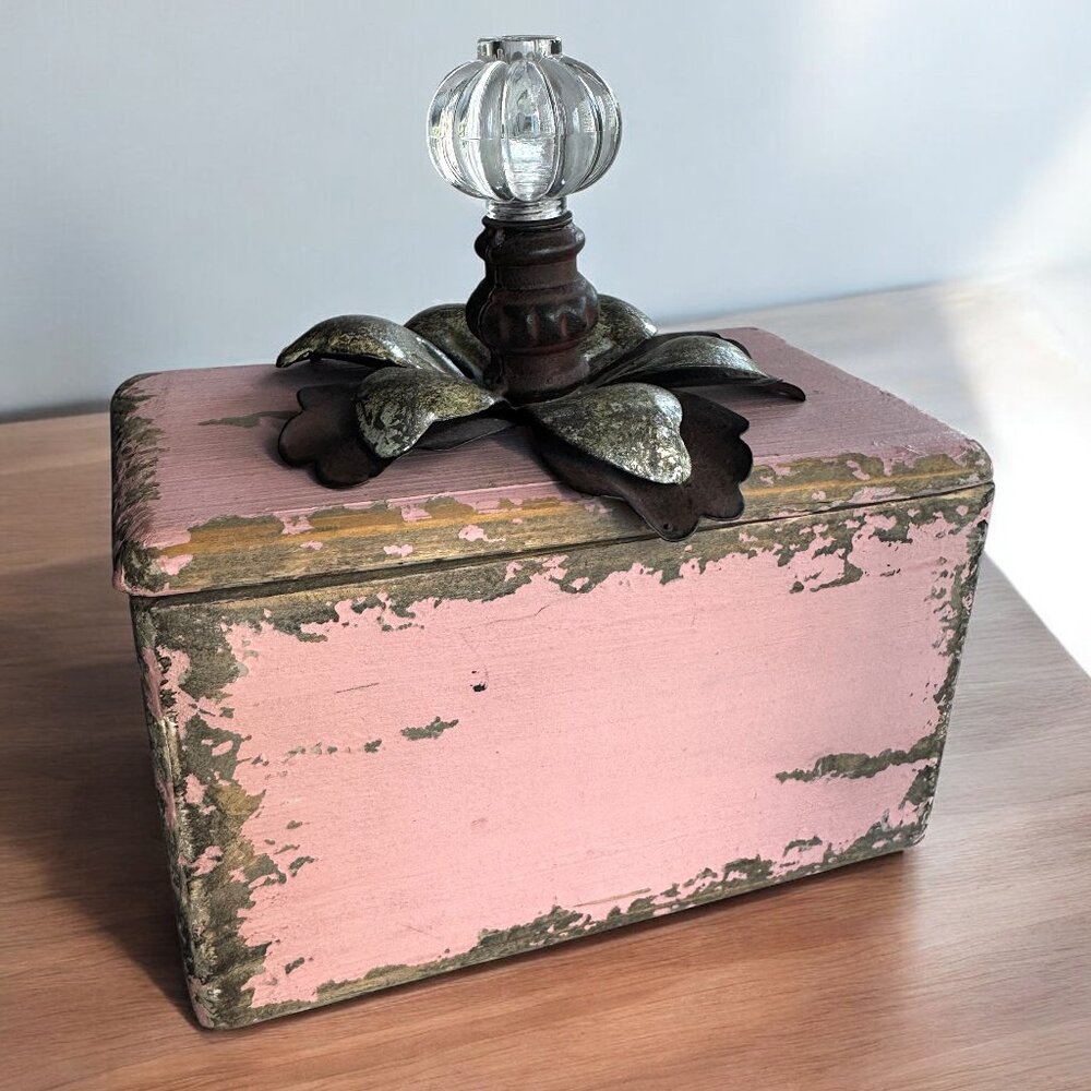 Decorative Distressed Pink Wooden Box Metal Floral Decor Clear Plastic Handle